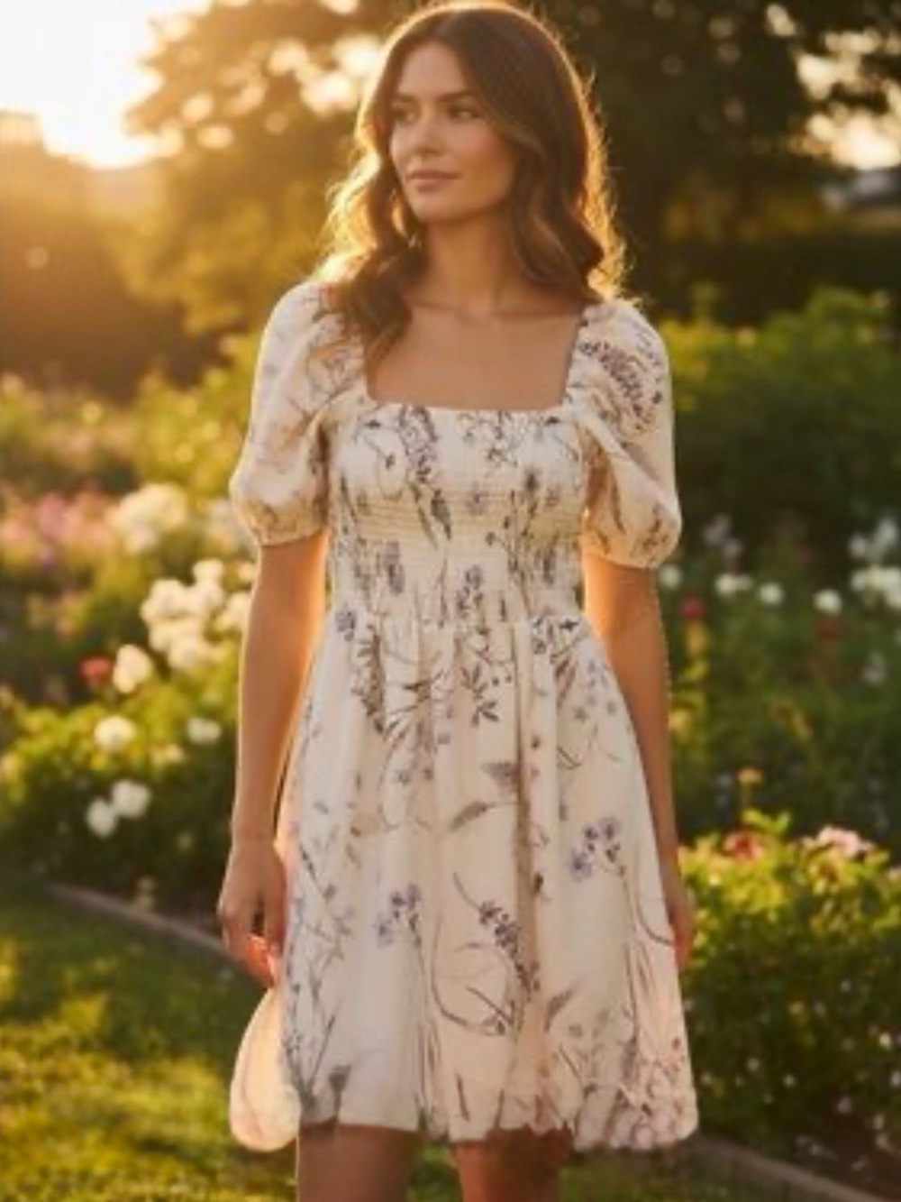 H&M Floral Smocked Puff-Sleeve Mini Dress in Ivory